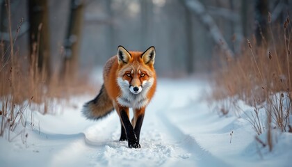Red fox walks on snowy forest path, leaving delicate paw prints in crisp winter light. Wild animal moves gracefully through serene, frosty wilderness. Vibrant fur contrasts with cold, icy