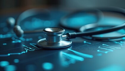 Stethoscope on glowing digital interface. Medical tool placed on futuristic screen showing abstract data lines. Represents healthcare innovation, tech analysis, and medical science.