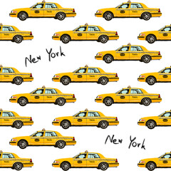 Seamless pattern of yellow taxi car new york NYC vintage car in the city travel hand drawn on transparent background.   © 7nov.studio