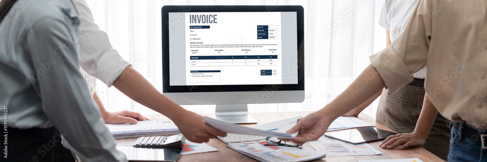 Poster invoice on computer screen from accounting application. computer program for financial and budget of