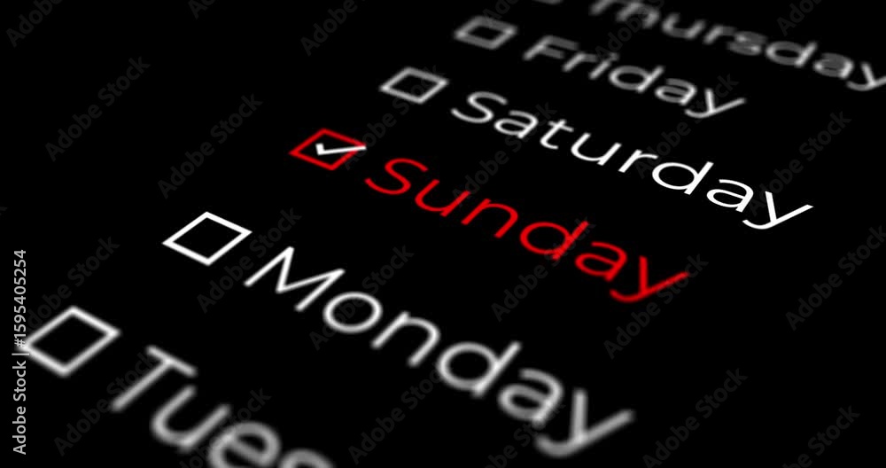 Aufkleber list of days of the week that advance slightly rotated and end on sunday with a black background for