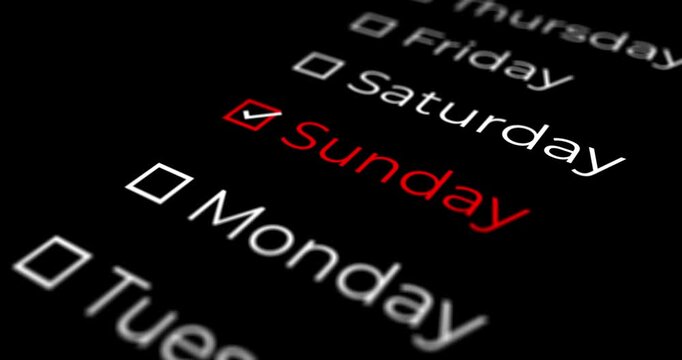 List of days of the week that advance slightly rotated and end on SUNDAY with a black background for overlay