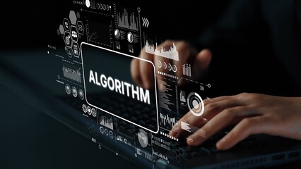 Hands Typing on Keyboard with Digital Algorithm Interface Displayed, Business and Technology...