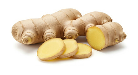Ginger root and slices isolated on white background.