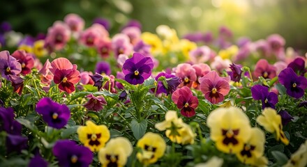 Obraz premium Vibrant Pansies Blooming in a Lush Garden on a Sunny Day Bringing Joy and Peace