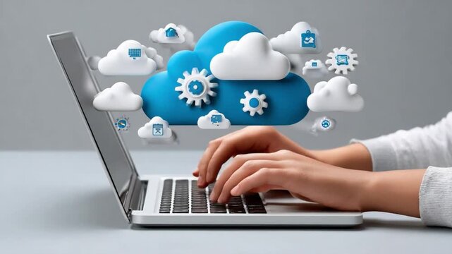 Cloud Computing Integration: A person types on a laptop, symbolizing the seamless integration of cloud technology, data and information access, and the power of the internet.