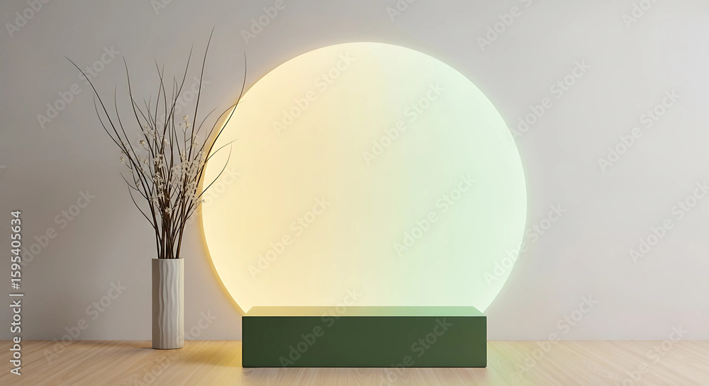 Poster a modern and minimal podium with a circular light backdrop creates an elegant stage for product disp