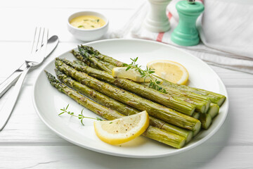 Tasty cooked asparagus served with lemon and thyme on white wooden table, closeup