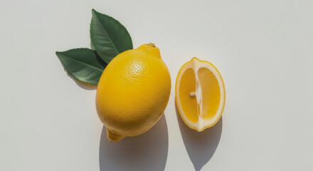 Two lemons one whole one cut with green leaves on white background.