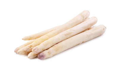 Many raw asparagus spears isolated on white