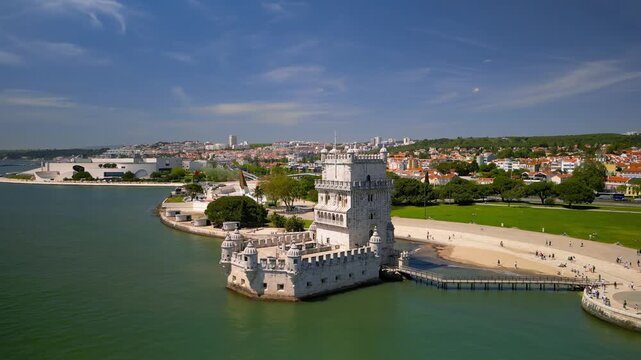 Scenic landscape of historic Belem tower ,UNSECO world heritage site in Lisbon metro area.