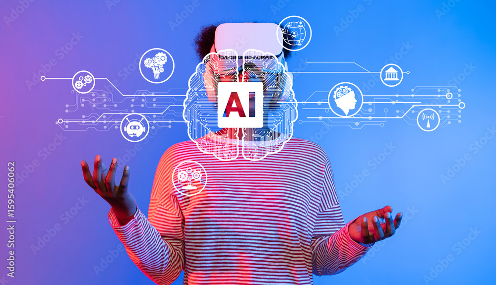 Poster a person engages with virtual reality while surrounded by digital elements symbolizing artificial in