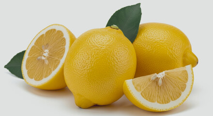 Several lemons whole and sliced with green leaves on a white background.