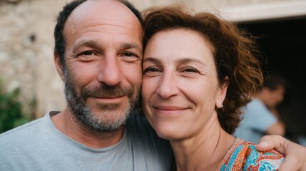 Fototapeta premium Smiling Caucasian couple exudes warmth, capturing essence of Golden Jubilee and World Kindness Day in rustic serenity