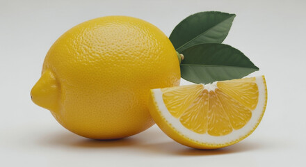 A whole lemon and a slice with green leaves on a plain background.