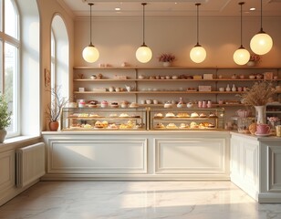 Bright, inviting bakery interior displays assorted pastries. Elegant decor, warm glow, cosy atmosphere. Glass counter showcases fresh baked goods. Welcoming, charming, artisanal treats.