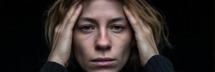 Gazing solemnly, a Caucasian woman clutches her temples amid existential contemplations, embracing World Mental Health Day's calm urgency