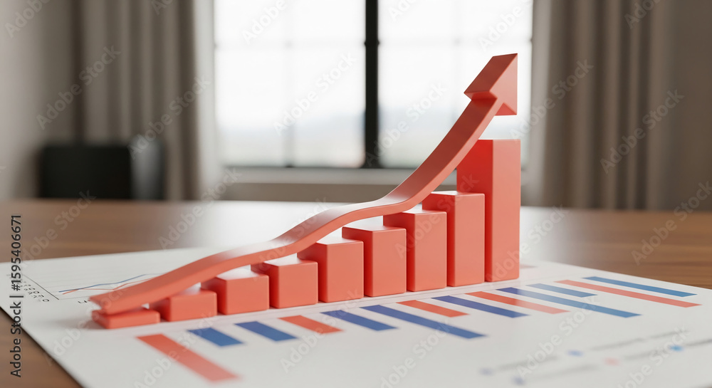 Poster orange bar graph with upward arrow on document, showcasing growth and progress concept, suitable for