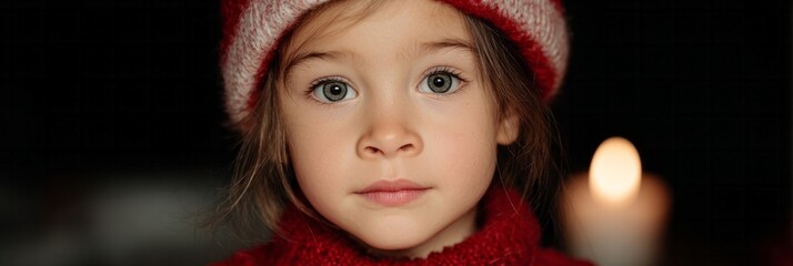 Tender gaze of young Caucasian girl in cozy knit, winter warmth, St Lucia Day, Nordic festive spirit