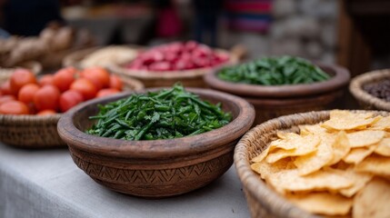 Ancient Incan market bounty vibrates with maize crisps and verdant greens, embodying Pachamama festivities and harvest feasts