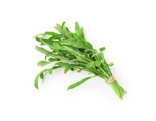 Bunch of fresh green arugula leaves isolated on white, top view