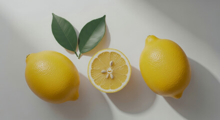 Three lemons one cut in half with leaves on a white surface.