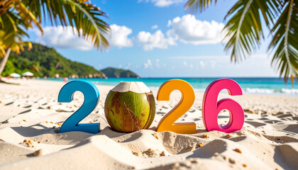 New Year 2026 Creative Design Concept on beach with Tender coconut