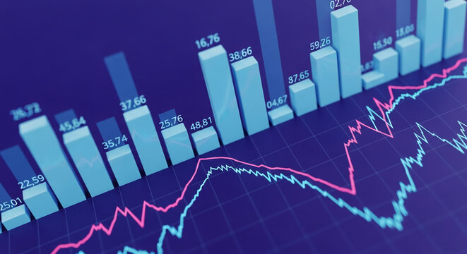 Close-up of 3D bar and line charts, showcasing financial data visualization, representing market trends and growth analysis, ideal for business or finance concepts