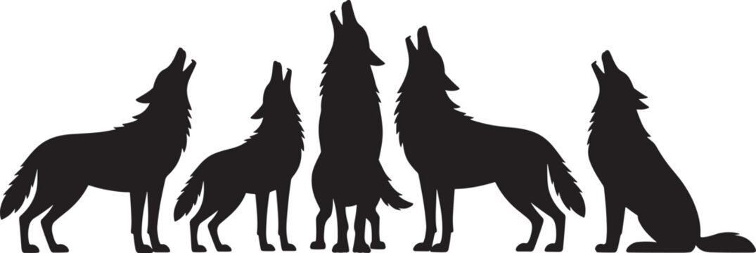 Five black wolf silhouettes howling together on white background wolves animal