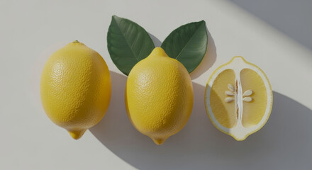 Three lemons one cut in half with leaves on a white surface.