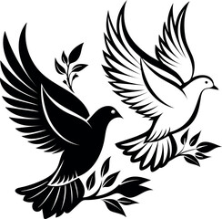 Fototapeta premium Two doves flying with olive branches isolated on white background
