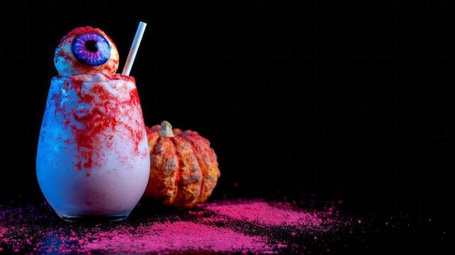 Ghostly eyeball cocktail with eerie hues alongside autumnal mini-pumpkin, perfect for quirky Halloween revelry or Samhain rituals