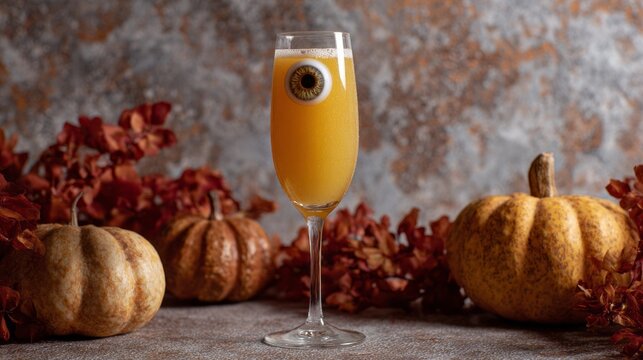 Sparkling pumpkin cocktail crowned with candy eyeball, surrounded by rustic autumn gourds, perfect for quirky Halloween Sukkot celebrations - Powered by Adobe