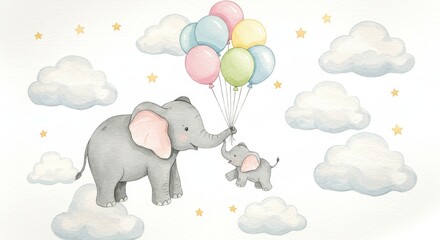 Watercolor Elephants and Balloons in the Sky - Mother and baby elephant soaring among pastel balloons, clouds, and stars. Symbolizes family, dreams, adventure, love, and freedom