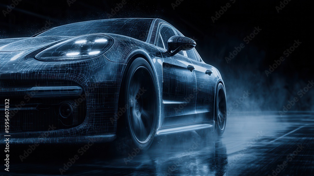 Poster tech-savvy automobile with ai elements in a futuristic environment showcasing modern design features