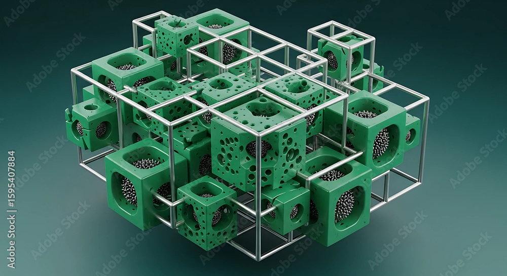 Poster an intricate abstract cube structure of green geometric shapes and metal wireframe creates a complex