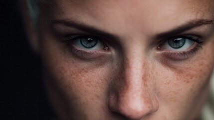 Naklejka premium Intense gaze of a freckled, fair-skinned woman; enigmatic allure for Samhain reflections or Scandinavian Midsummer introspections