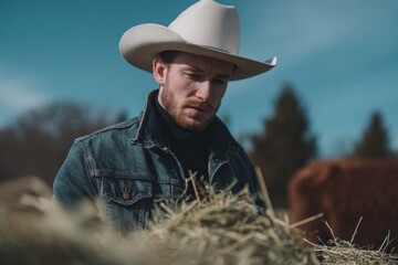 A contemplative Caucasian cowboy enveloped in rustic denim tends to hay, embodying the essence of Pioneer Day and National Ag Day