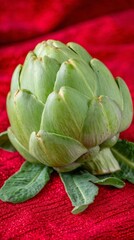 Emerald artichoke rests regally on vivid red, evoking Veganuary's zest and the Harvest Moon's mysterious glow