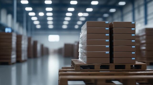Efficient robot-guided palletizer expertly stacks chocolate bar boxes onto shipping pallets in a pristine industrial warehouse.