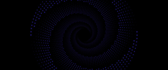 Abstract Spiral Pattern Formed by Blue Dotted Shapes on Black Background