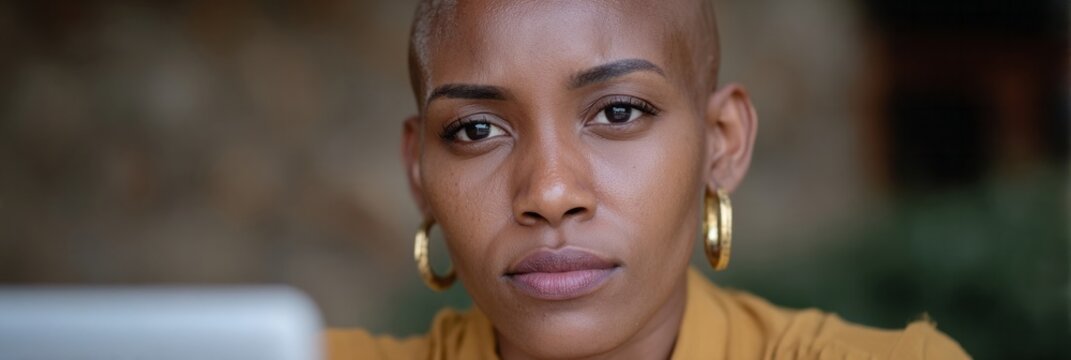 African female exudes quiet determination amidst urban chic, symbolizing personal empowerment and Kwanzaa-inspired focus and reflection