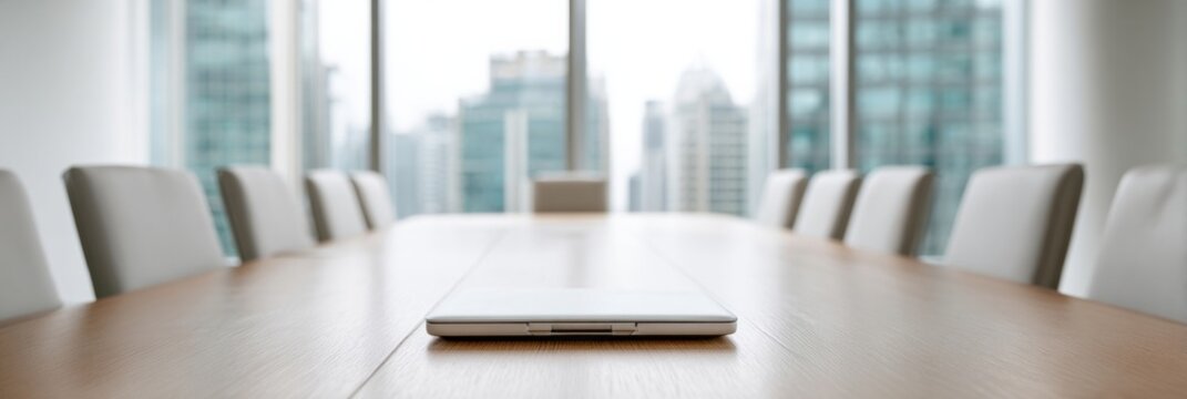 Sleek closed laptop alone on polished boardroom table, emblematic of silent strategy sessions and National Workaholics Day introspection