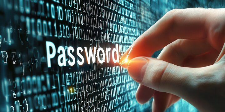 Cybersecurity enigma password and binary code with finger hovering over the digital security