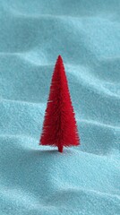 Scarlet miniature tree, surreal desert oasis dreams, whimsical Festivus celebration, contrasting azure sandscape, imaginative Festivus Holiday decor