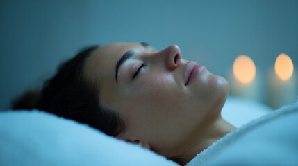 Relaxed Hispanic woman blissfully dreaming under candlelight, embracing serenity, Spiritual Wellness Day, and World Sleep Day tranquility theme