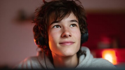 Dreamy-eyed Caucasian teenage boy with headphones, evoking starlit reverie, International Day of Listening, distant aurora vibes