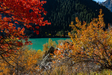 Picturesque autumn landscape in the vicinity of the high-mountain lake Issyk in the Almaty region...