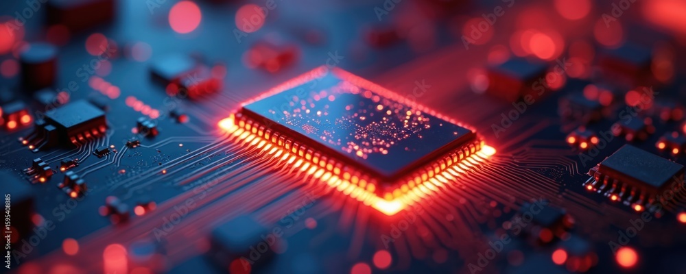 Poster close-up of glowing microchip on circuit board, digital innovation, advanced technology. image repre