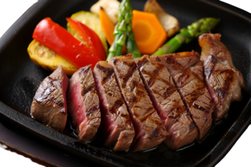 Teppanyaki grilled beef with colorful vegetables served hot

